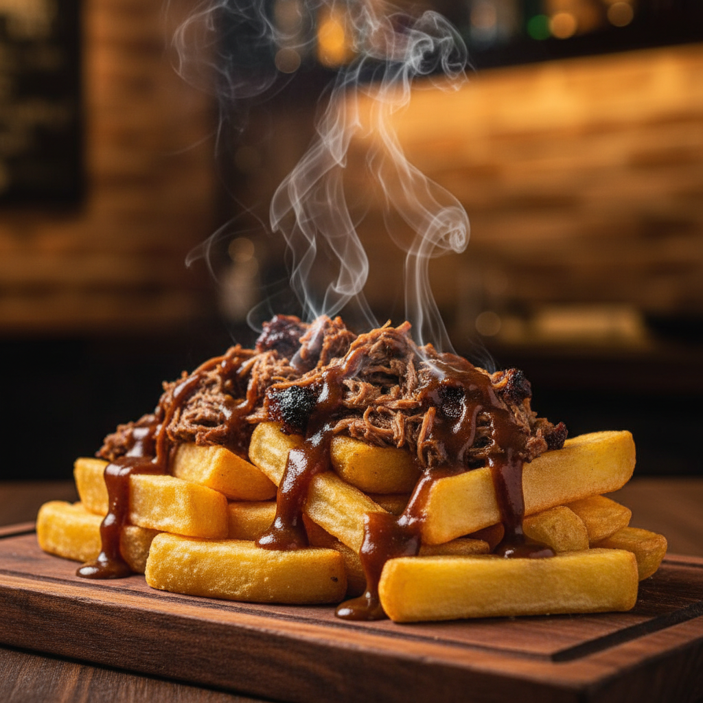 Batata Frita da Casa com Carne Desfiada e Molho da Casa